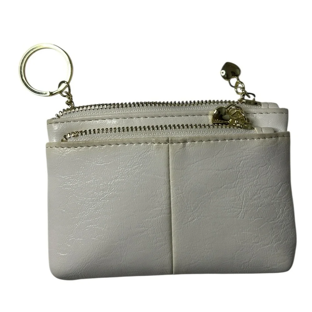 Coquette Girly Cute Mini Multi-Pocket Faux Leather Change Purse Heart Zipper OS